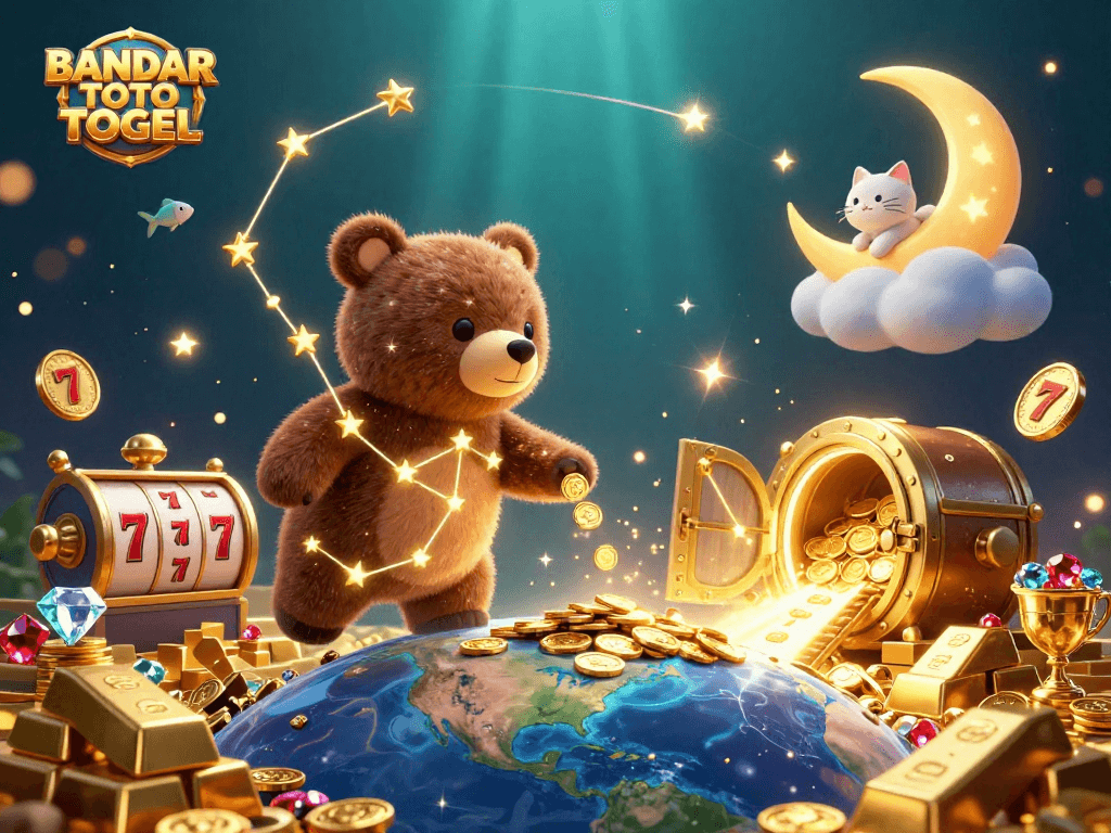 BANDAR TOTO TOGEL wins with a bear scooping coins surrounded by vibrant gambling elements.