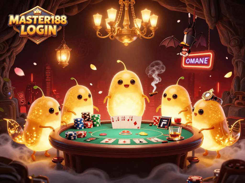 Engage with MASTER188 LOGIN at this vibrant casino scene featuring glowworms and poker elements.