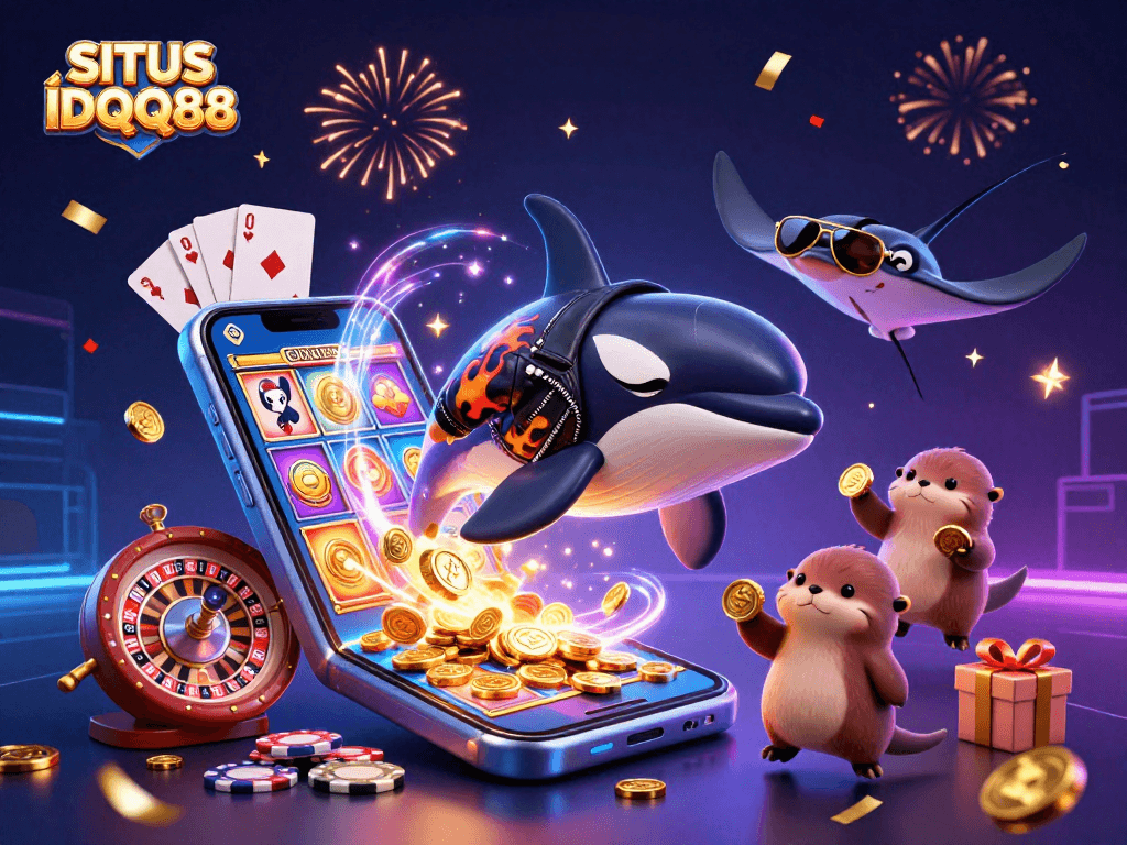 SITUS IDQQ88 showcases a vibrant 3D illustration with themed characters celebrating casino gaming.