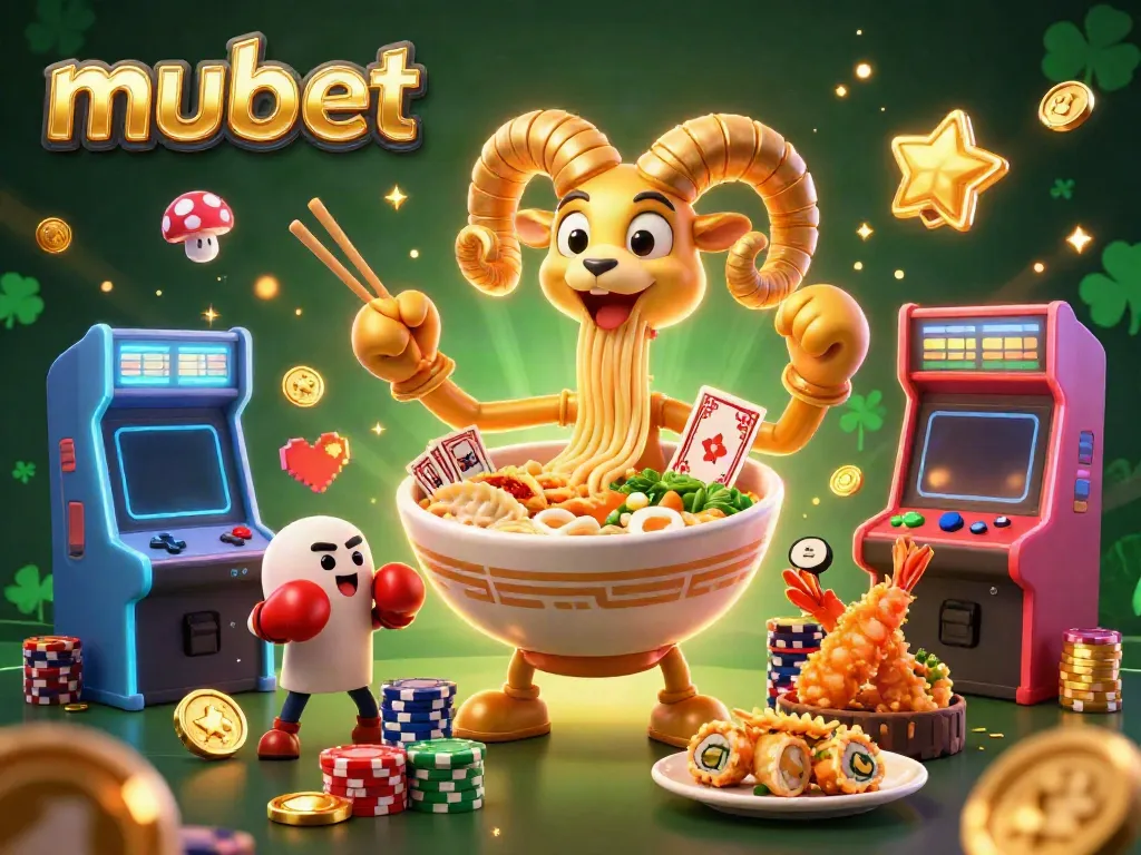 Engage with the mubet experience featuring a vibrant 3D illustration of a golden ramen bowl character interacting in a lively casino theme.