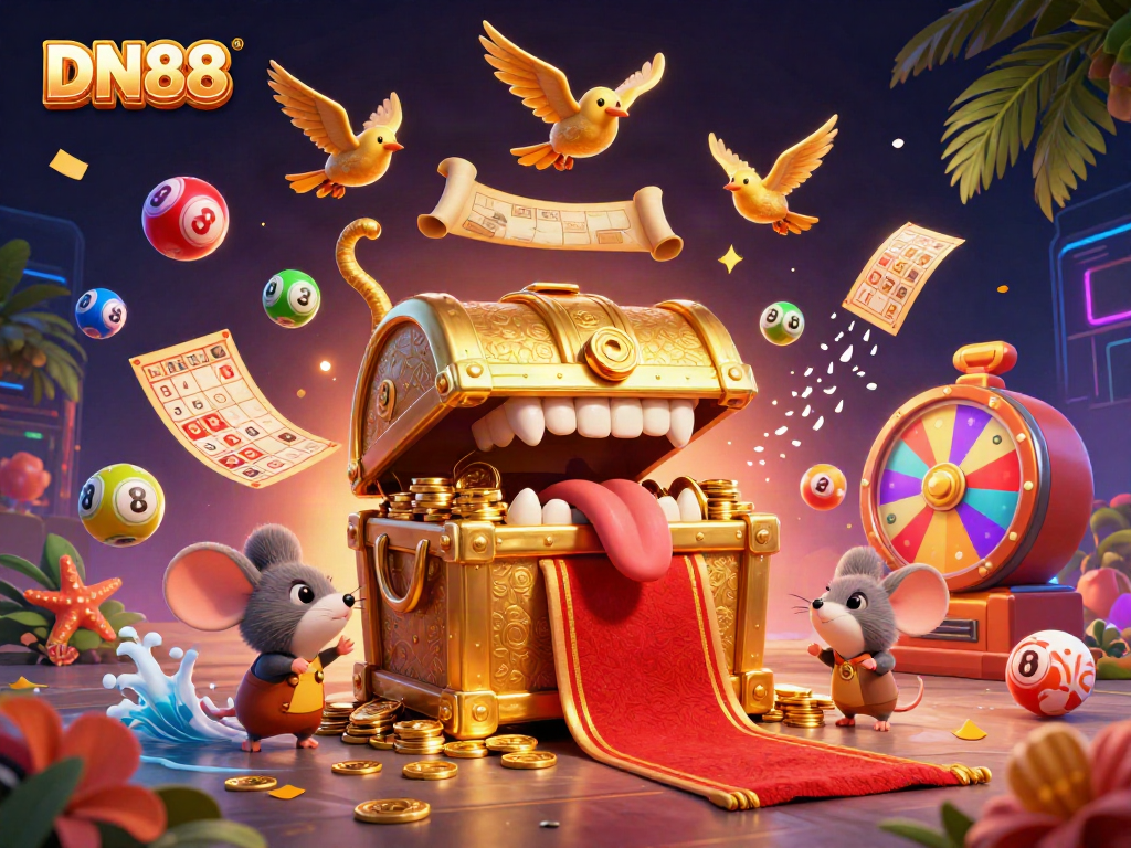 Engage in thrilling games at DN88 with a treasure chest beckoning adventurer mice amidst colorful lottery elements.