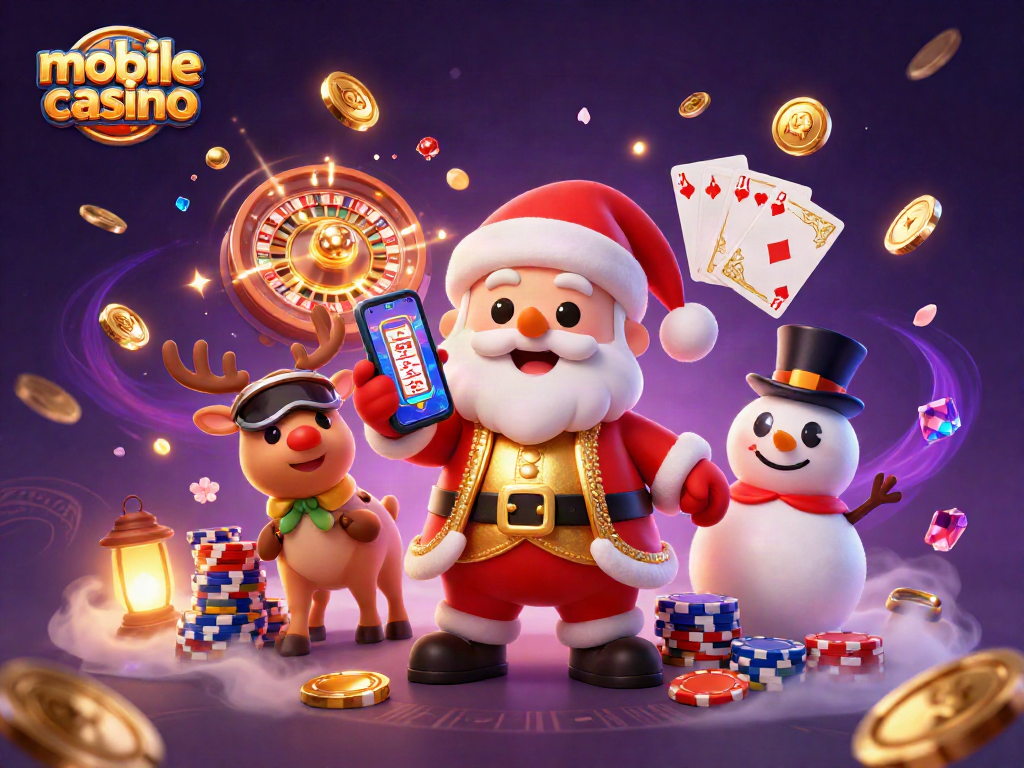 Experience the excitement of mobile casinos with Santa, a reindeer dealer, and a poker chip snowman!
