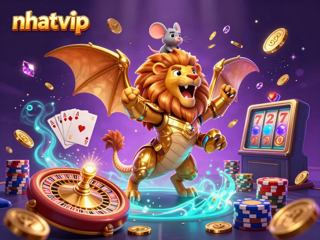 Nhatvip’s thrilling casino scene features a triumphant golden chimera and dynamic gaming elements.
