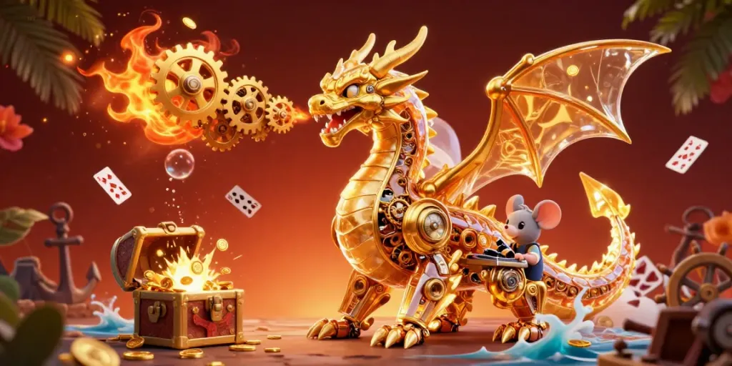 Play exciting games with DA88's vibrant 3D casino illustration showcasing a golden dragon and engineer amid thrilling gaming elements.