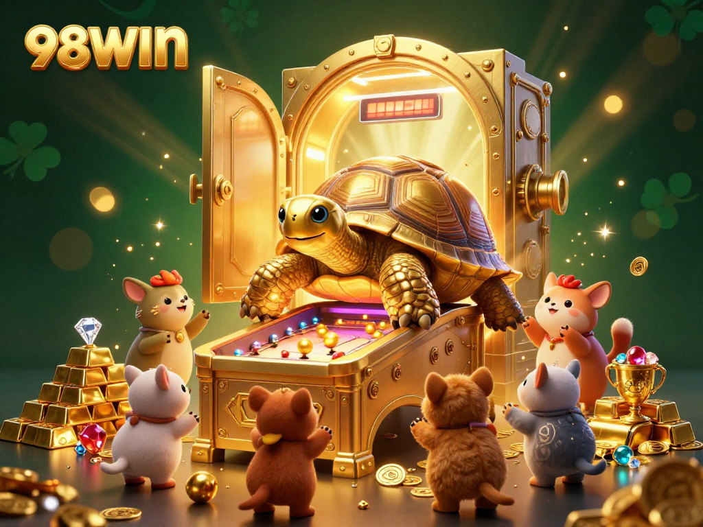 Engage with 98WIN through this vibrant 3D casino scene featuring a colossal golden tortoise and treasure elements.