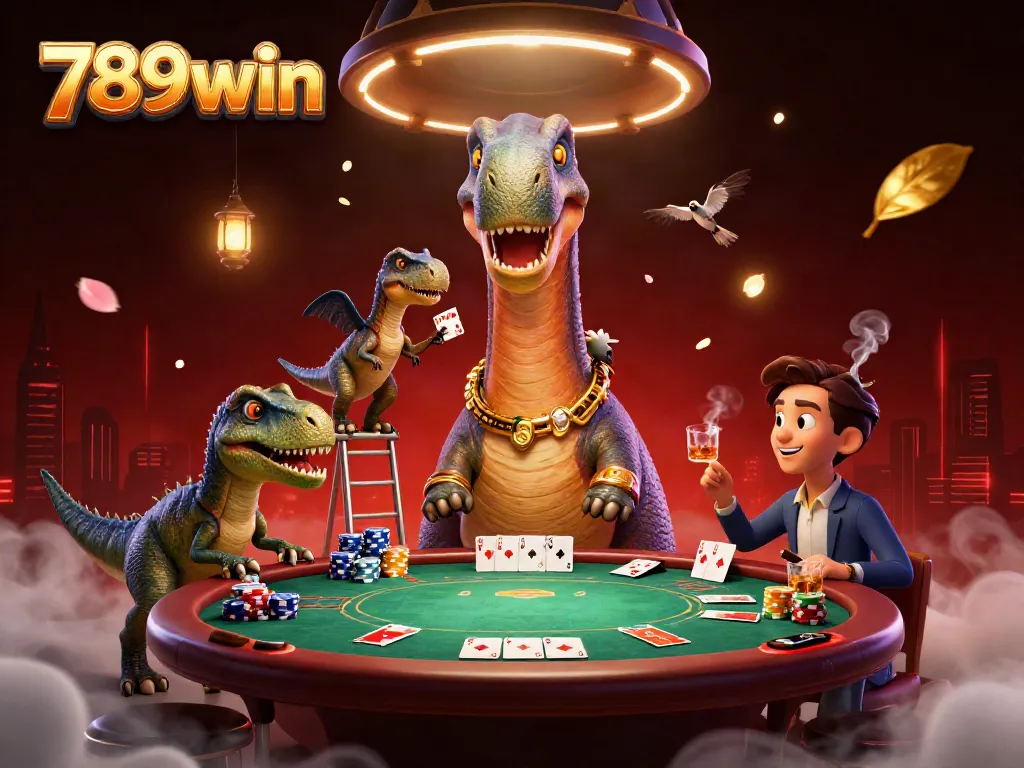 Enjoy thrilling poker action in a vibrant 789win casino illustration with dinosaurs and enchanting elements.
