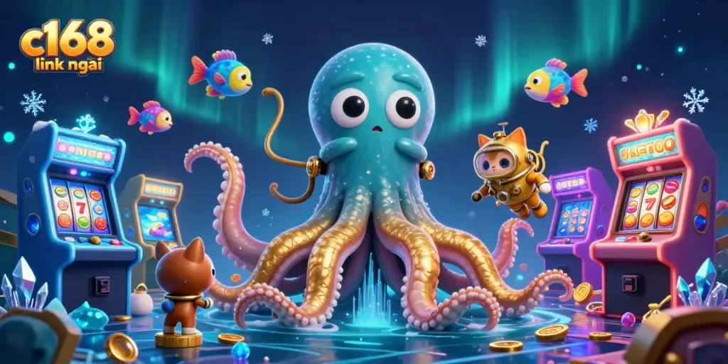 Engage with the exciting c168 link mới at a vibrant casino scene featuring a kraken, diving cat, and arcade elements.