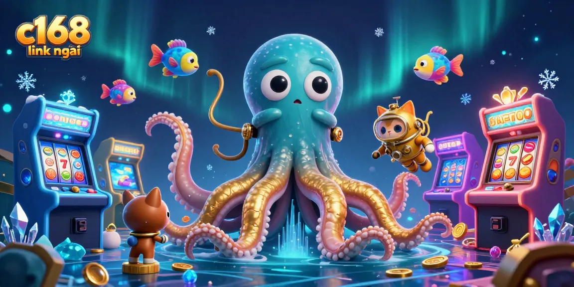Engage with the exciting c168 link mới at a vibrant casino scene featuring a kraken, diving cat, and arcade elements.