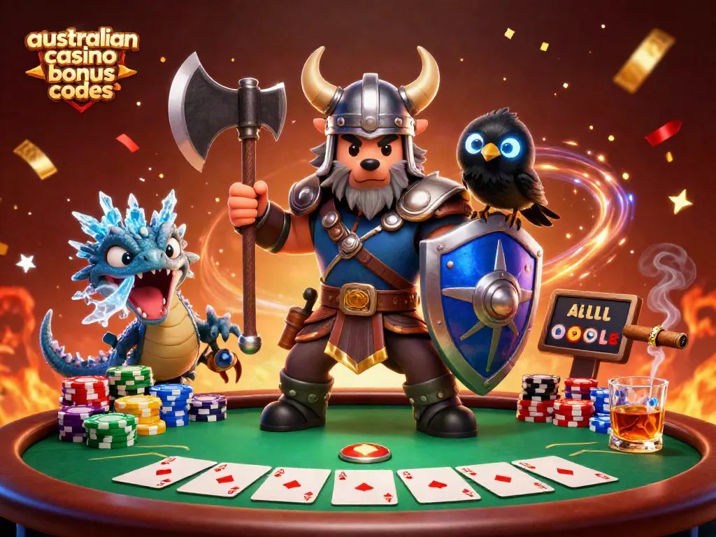 Play poker with exclusive australian casino bonus codes surrounded by vibrant characters and festive elements.