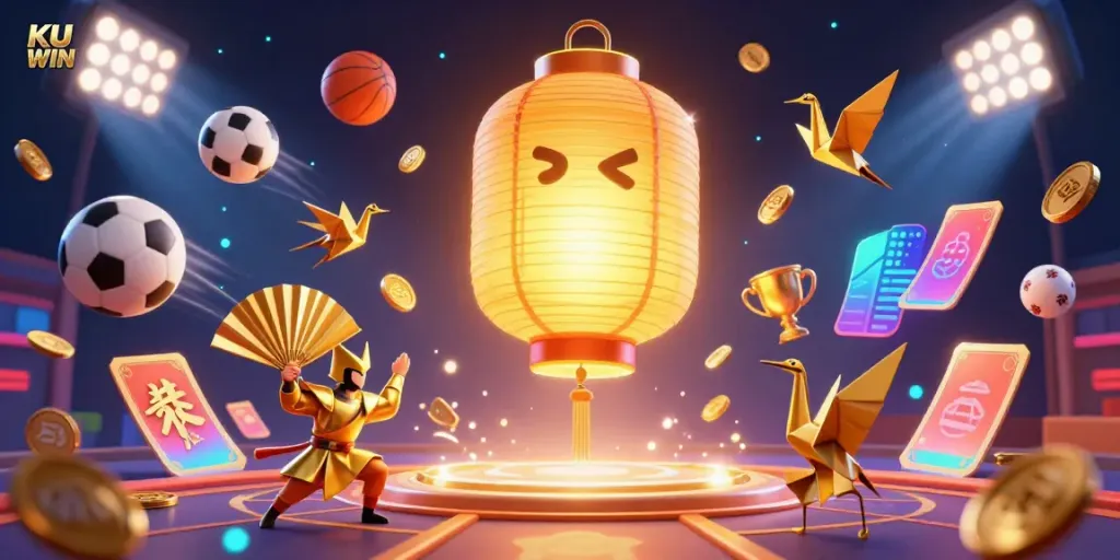 Experience the excitement of KU WIN as the vibrant golden lantern spirit leads a thrilling casino atmosphere filled with dynamic sports betting elements.