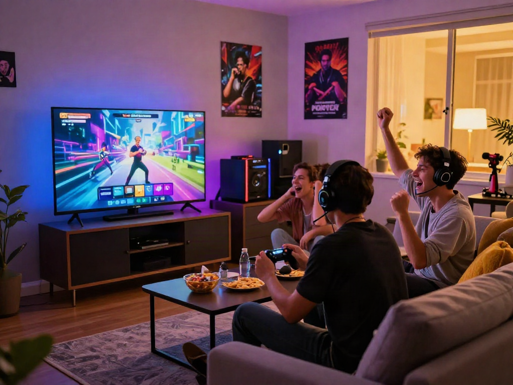 Exciting gaming moment with friends enjoying a porn game in a vibrant living room with snacks and ambient lighting.