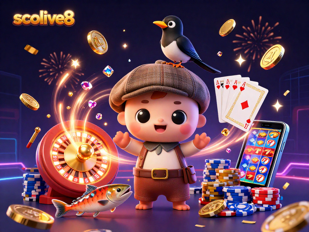 Engage in dynamic gambling experiences with socolive8, featuring playful cartoon characters among vibrant casino elements.