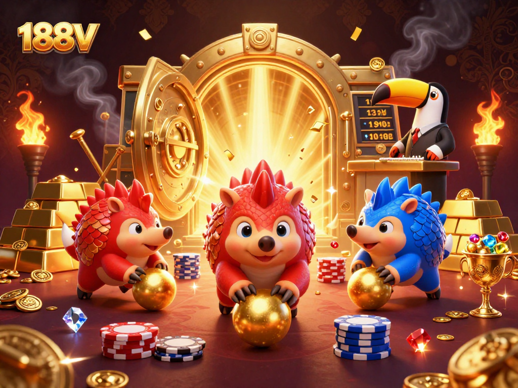Experience exciting 188V gameplay with pangolins bowling through poker chips in a dynamic casino scene.