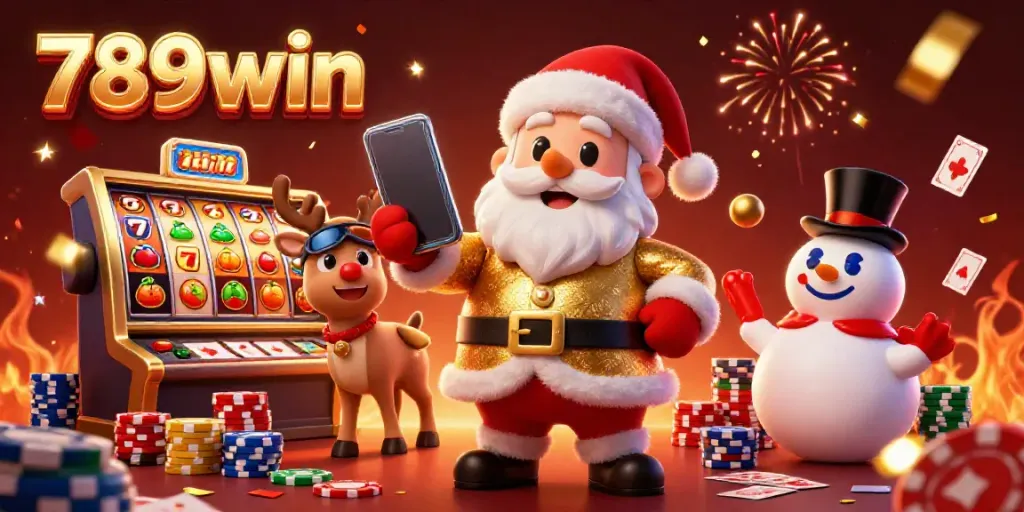 Experience the excitement of 789win with Santa Claus, his reindeer, and a snowman in a vibrant casino scene.