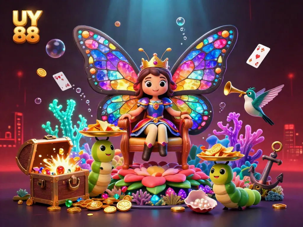 Spin and win at UY 88 as a butterfly queen presides over a colorful casino world of games and treasures.