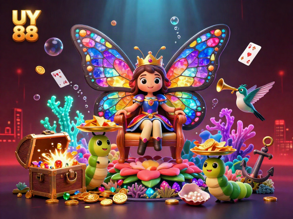 Spin and win at UY 88 as a butterfly queen presides over a colorful casino world of games and treasures.