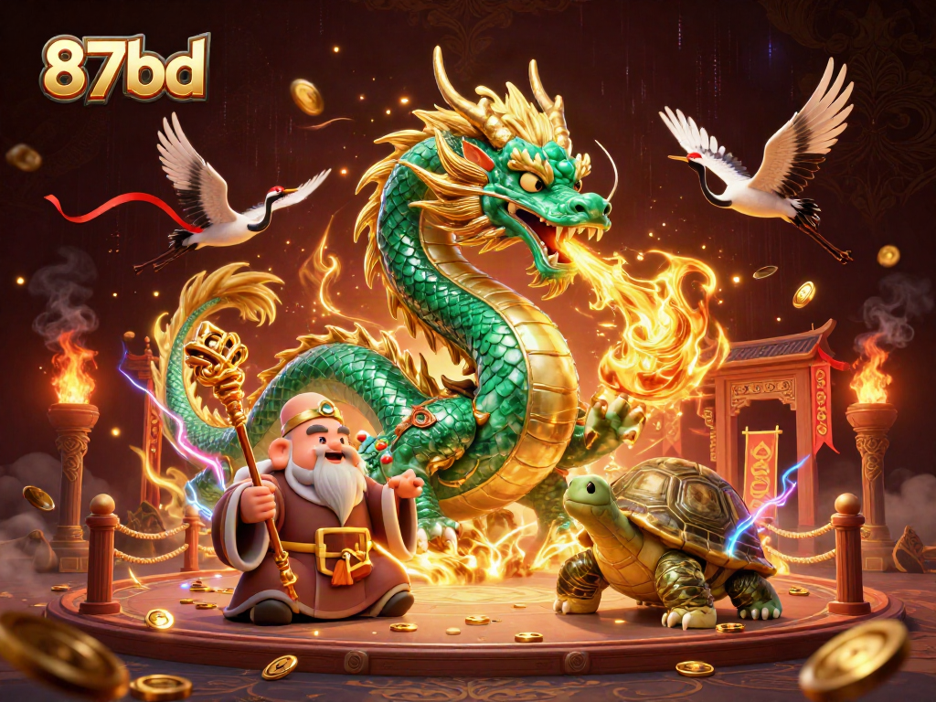 Experience epic wins at 87bd with a dazzling illustration of dragons and fortune elements.