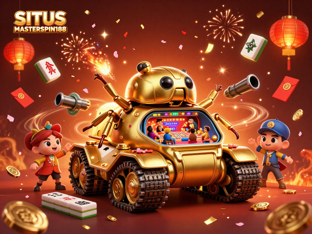 SITUS MASTERSPIN188 showcases a lively casino scene in an ultra-detailed 3D tank, filled with festive elements.