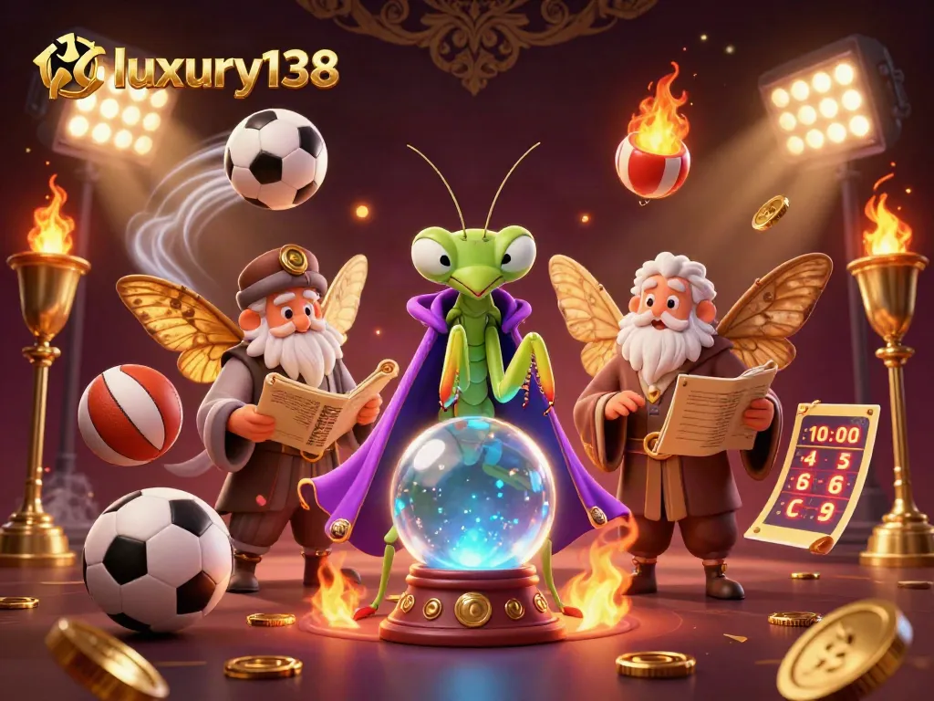 Experience immersive gaming with luxury138, featuring a vibrant scene of fortune-tellers, sports balls, and dynamic elements.