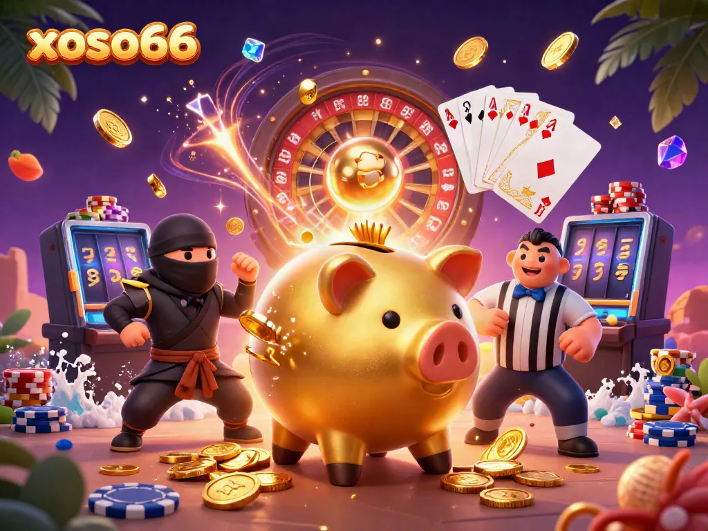 Experience thrilling gameplay action with xoso66 through a vibrant casino scene filled with characters and gold coins.