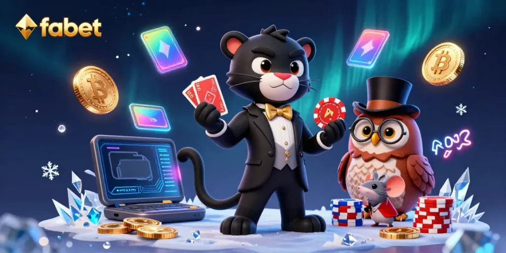 Join the vibrant world of fabet with a stylish panther dealer and friendly characters, laden with casino chips.