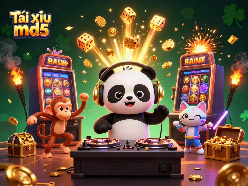 Engage in lively Tài xỉu md5 action with DJ panda, dancing monkey, and glow-stick kitten in a vibrant casino scene.
