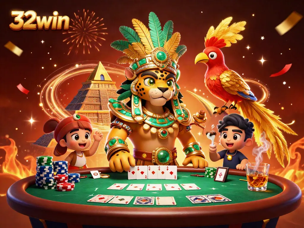 32win enhances the casino experience with vibrant 3D scenes of iconic characters, dynamic poker actions, and celebratory elements.