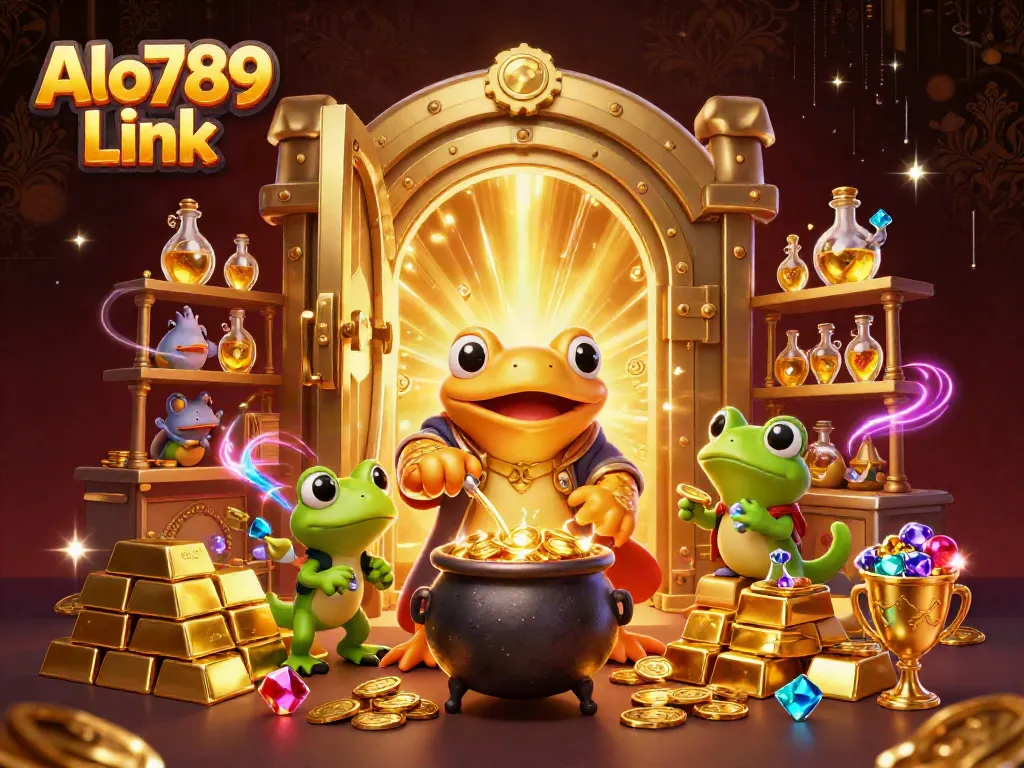 Experience the thrill of Alo789 Link while witnessing the magical transformation of base metals into gold coins in an enchanting scene.