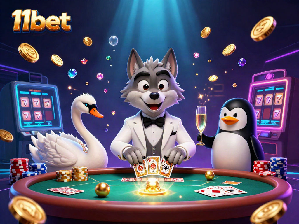 Experience thrilling games at 11bet with a dynamic baccarat scene featuring whimsical characters and winning elements.