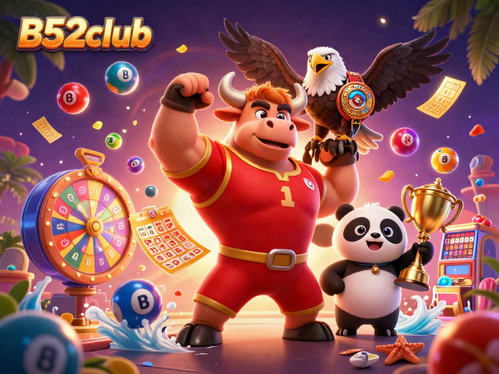B52club features a dynamic scene with a muscular bull mascot, eagle, and panda celebrating lottery wins.