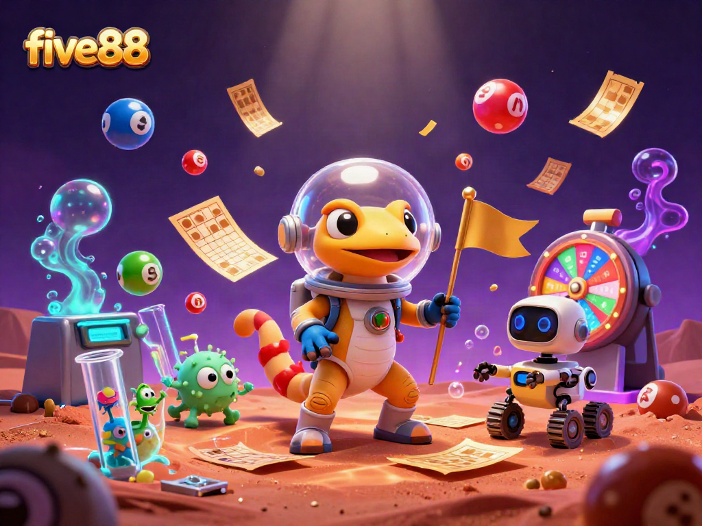 Win big at five88 with captivating 3D illustration of a Martian gecko discovering a golden casino amidst vibrant gaming elements.