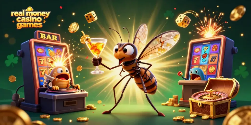 Experience thrilling real money casino games through a vibrant 3D illustration of a frozen mosquito mascot and a trilobite DJ.