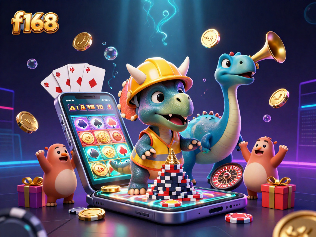 Experience f168's thrilling slot games with a fun dinosaur scene and vibrant casino elements.