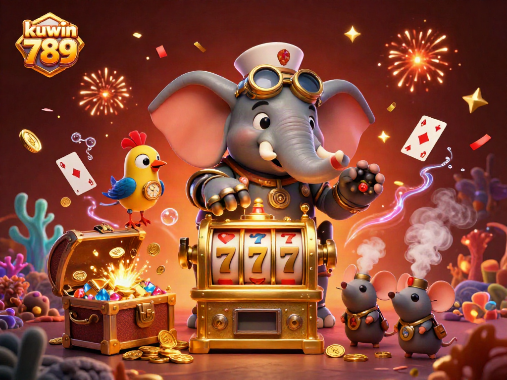 Engage with kuwin 789 in a colorful casino scene featuring steampunk characters and exciting slot game elements.