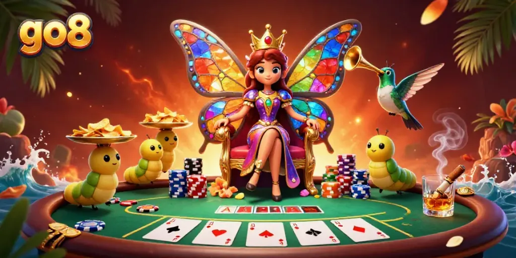 Experience engaging gameplay with the go8 butterfly queen in a vibrant casino scene