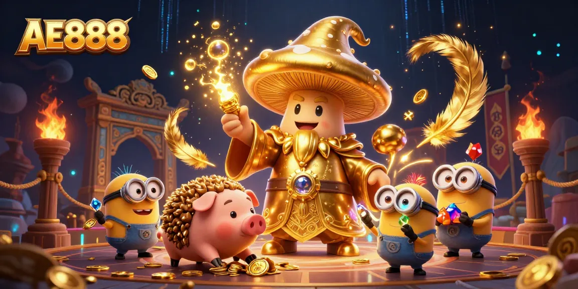 Experience excitement at AE888 with a magical 3D casino illustration featuring golden treasures and mushroom characters.