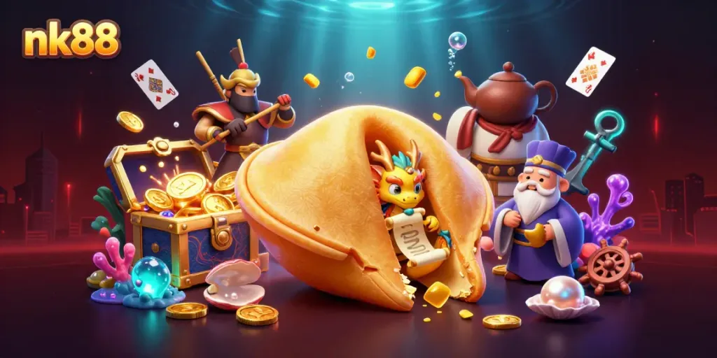 Experience the thrill of nk88 with a dynamic gambling scene featuring a golden fortune cookie and dragon.