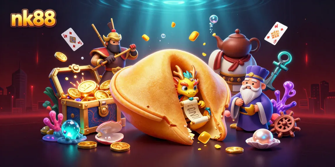 Experience the thrill of nk88 with a dynamic gambling scene featuring a golden fortune cookie and dragon.