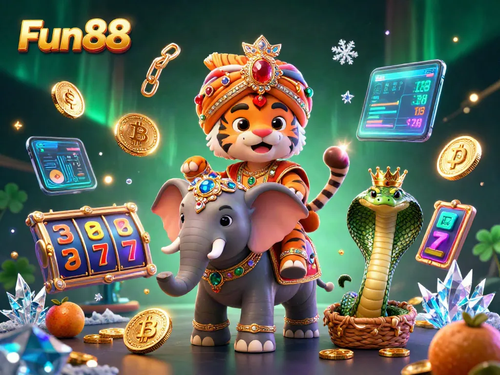 Engage with Fun88's vibrant slots experience, featuring animated characters and crypto elements.