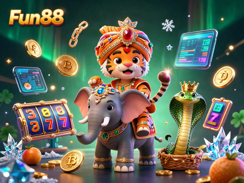 Engage with Fun88's vibrant slots experience, featuring animated characters and crypto elements.