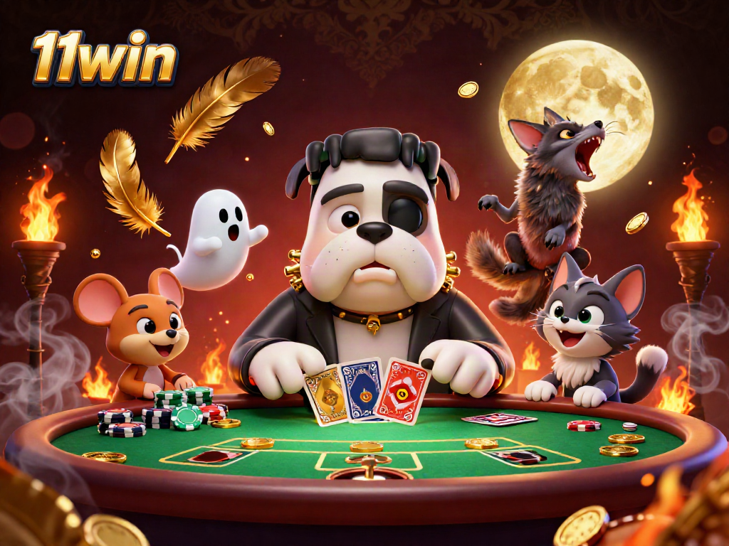Engage in thrilling card games with 11win's lively casino characters at a spookily illuminated table.