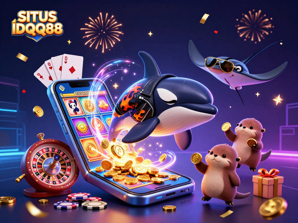 SITUS IDQQ88 showcases a vibrant 3D illustration with themed characters celebrating casino gaming.