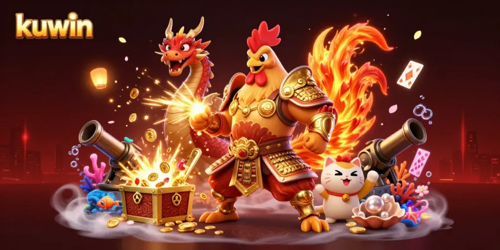 Kuwin showcases a vibrant online casino scene with a fierce rooster warrior, dragon, and fortune cat amidst gold coins and gems.