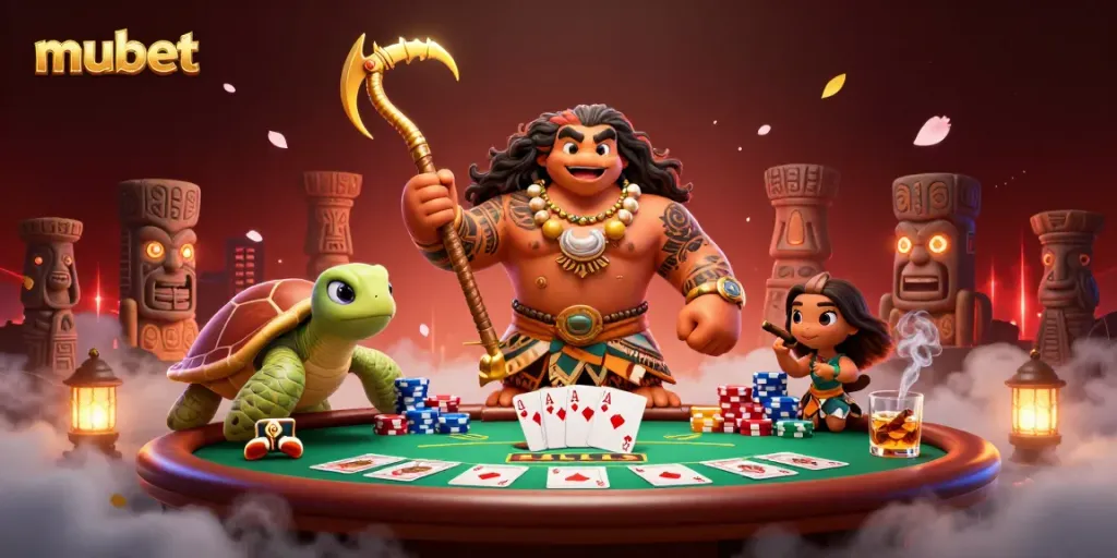 Join mubet at the exciting poker table with vibrant characters and gambling elements, ready to win big!