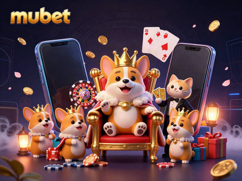 Experience the vibrant world of mubet with a royal corgi, cat butler, and casino elements.