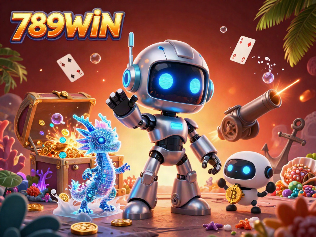 Experience thrilling gaming adventures with 789WIN's captivating 3D casino illustration featuring a cyberpunk robot and treasures.