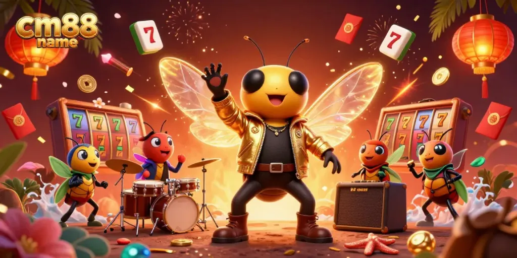 Engage in winning strategies with cm88 name's vibrant casino scene featuring a cicada rock star and dynamic game elements.