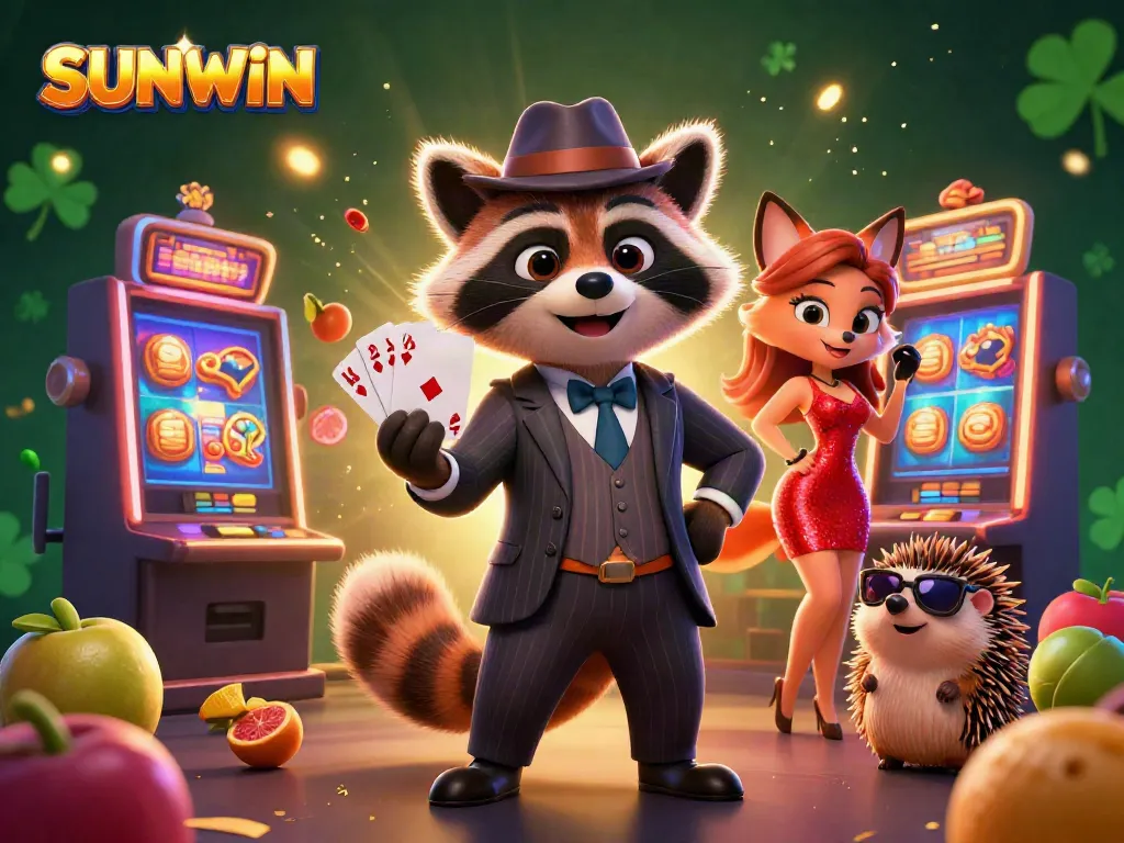SUNWIN casino illustration featuring a suave raccoon, charming fox lady, and hedgehog bouncer amidst slot machines and jackpots.