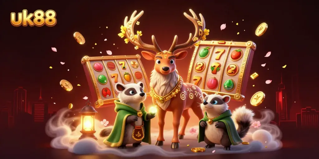 uk88 interactive online gaming featuring a Celtic stag, badger, and slot reels with rich visual details.
