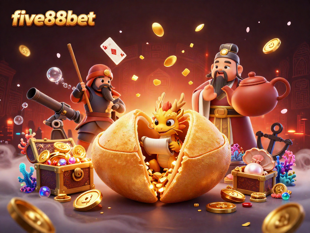 Engage in massive wins with five88bet featuring gold treasures in a vibrant casino-themed 3D scene.